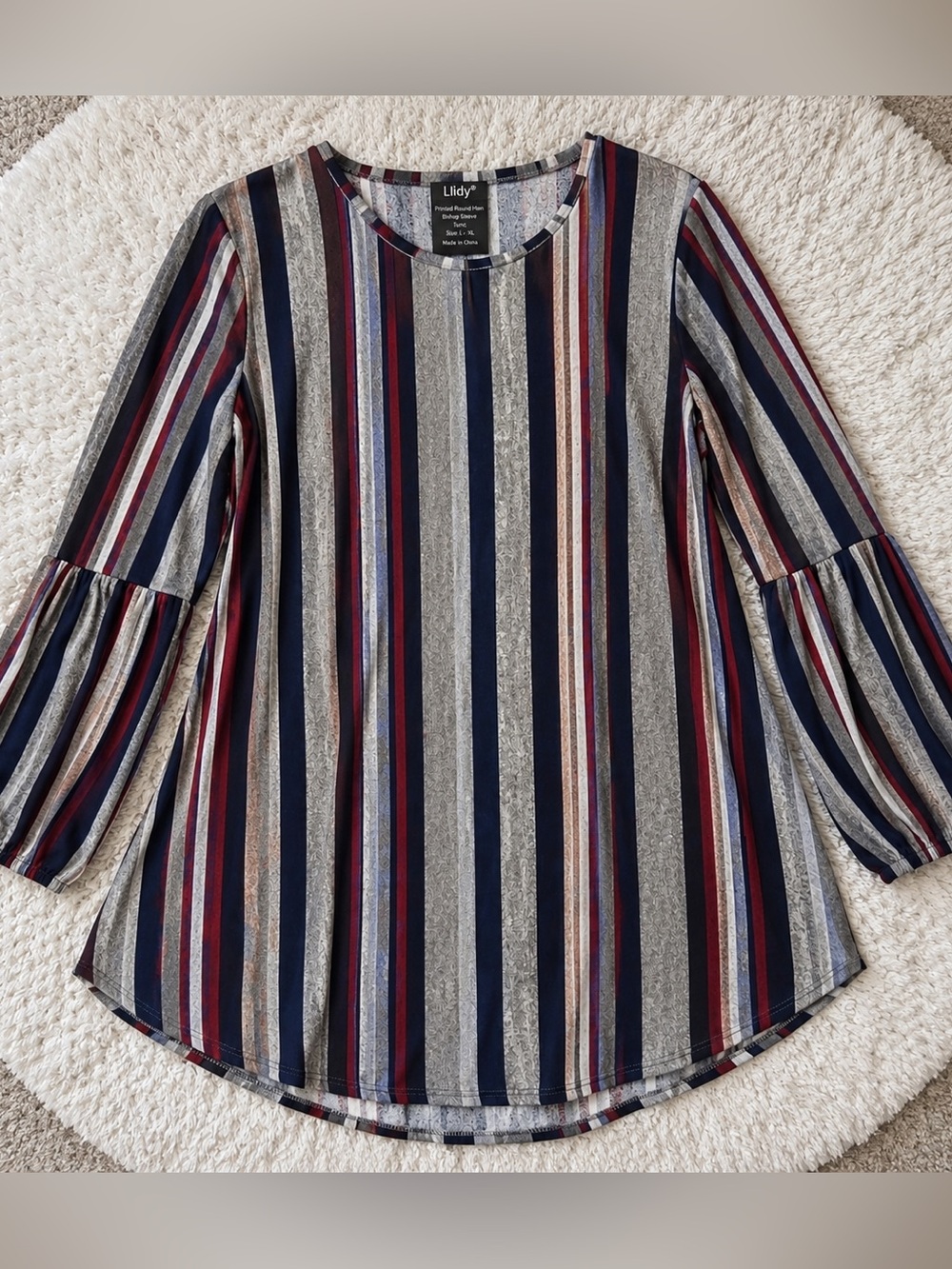 NWT Lildy Soft Striped Tunic Top Bishop Sleeve Gray Navy Burgundy L/XL